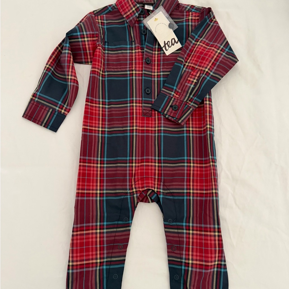 Tea Collection Red & Navy Plaid Tartan Long-Sleeve Romper